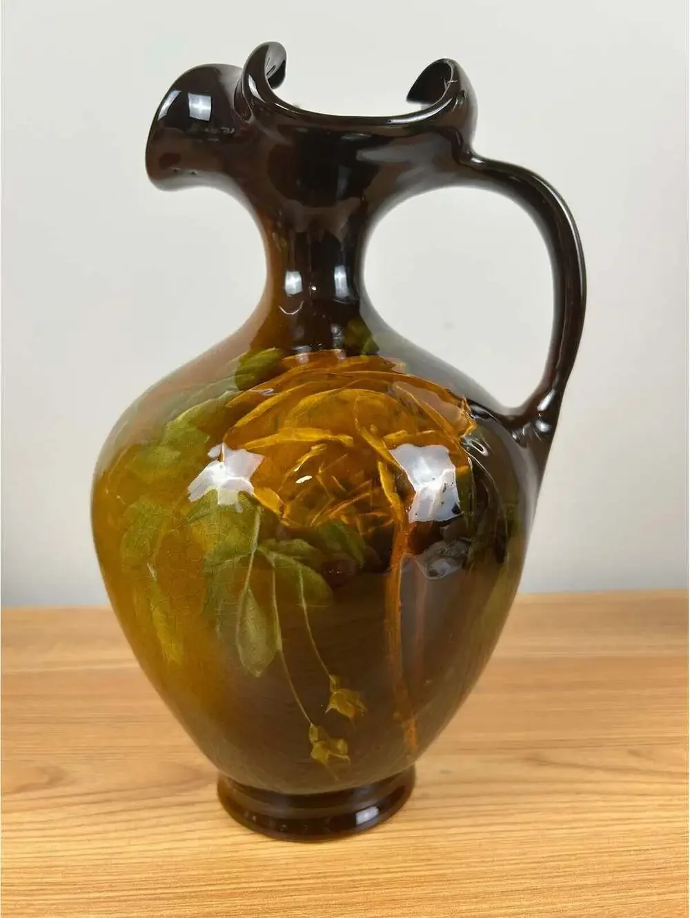 J.B. Owens Utopian 1054 Art Pottery Ewer with Ruffled Rim Orange Flowers